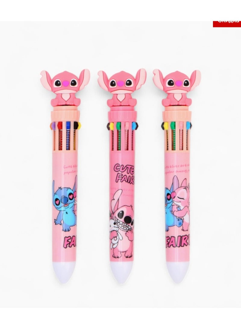 ستيتش قلم حبر جاف متعدد الألوان بتصميم ستيتش الوردي - قلم كرتوني قابل للسحب 10 في 1 للأطفال والطلاب - Image 3